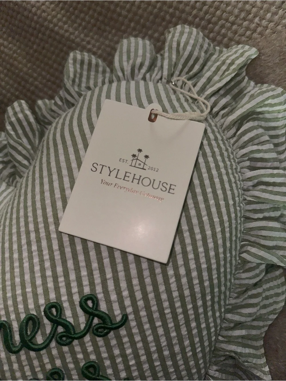 Striped Heart Green and White Embroidered Pillow with Ruffles - Hot Mess Express